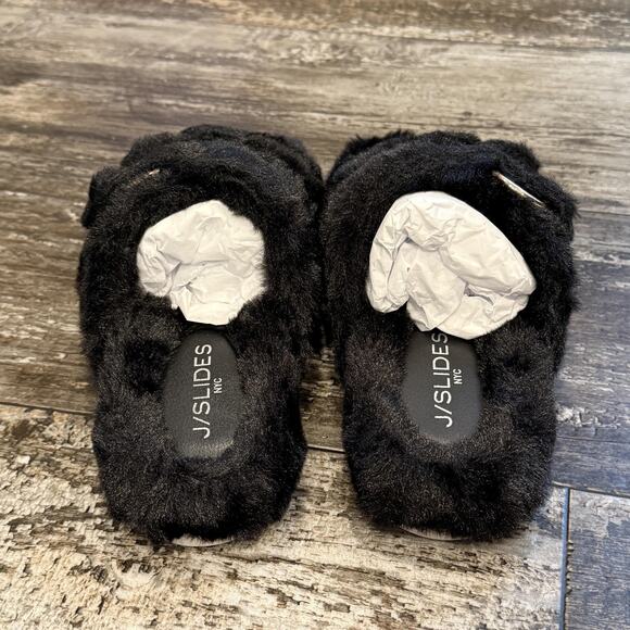 J/Slides NYC Shoes Womens Size 8 Black Faux Fur Bree Double Strap Slides NEW - Picture 5 of 11